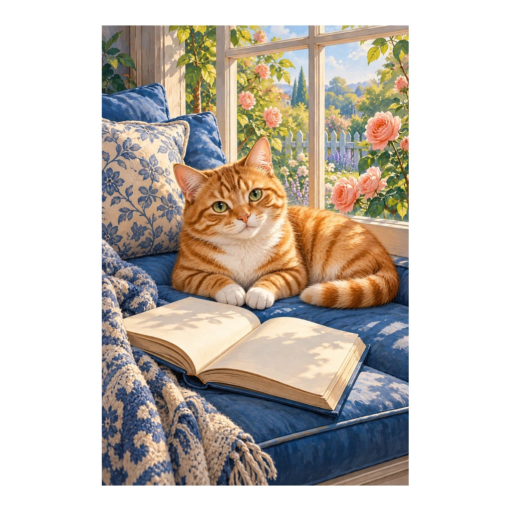 Orange tabby reading by a sunny window: original artwork on a clean white background