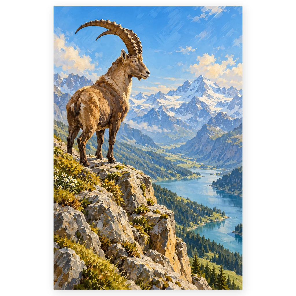 Ibex on an Alpine Cliff paint by numbers artwork on a front-facing canvas against a white background