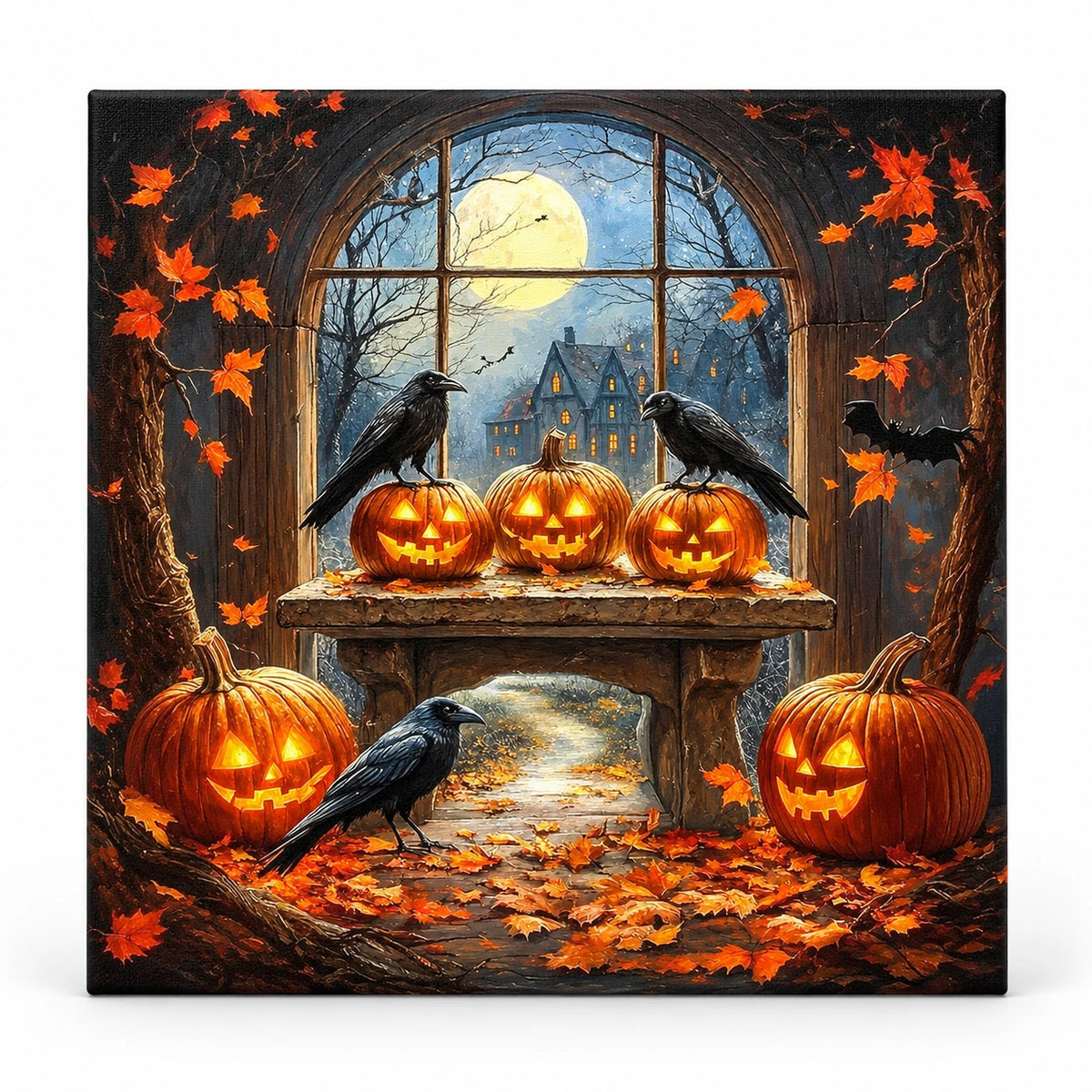 Jack O Lantern Gathering paint by numbers artwork on a front-facing canvas against a white background