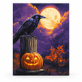 Jack O Lantern and Raven Vigil paint by numbers artwork on a front-facing canvas against a white background