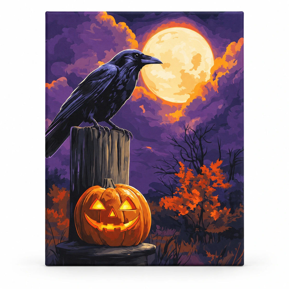 Jack O Lantern and Raven Vigil paint by numbers artwork on a front-facing canvas against a white background