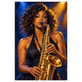 A Black woman in a sleeveless black dress plays a golden saxophone under dramatic blue and amber stage lights. Full original portrait artwork on a clean white background with a subtle soft shadow and original proportions preserved.