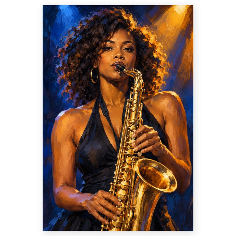 A Black woman in a sleeveless black dress plays a golden saxophone under dramatic blue and amber stage lights. Full original portrait artwork on a clean white background with a subtle soft shadow and original proportions preserved.