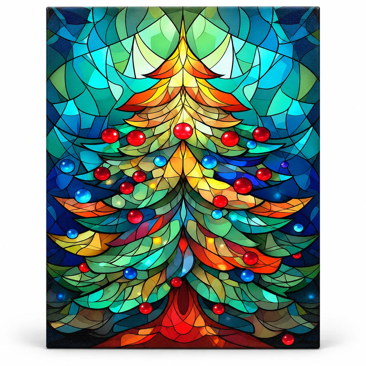 Jewel Toned Christmas Tree paint by numbers artwork on a front-facing canvas against a white background