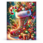 Jeweled Christmas Stocking paint by numbers artwork on a front-facing canvas against a white background