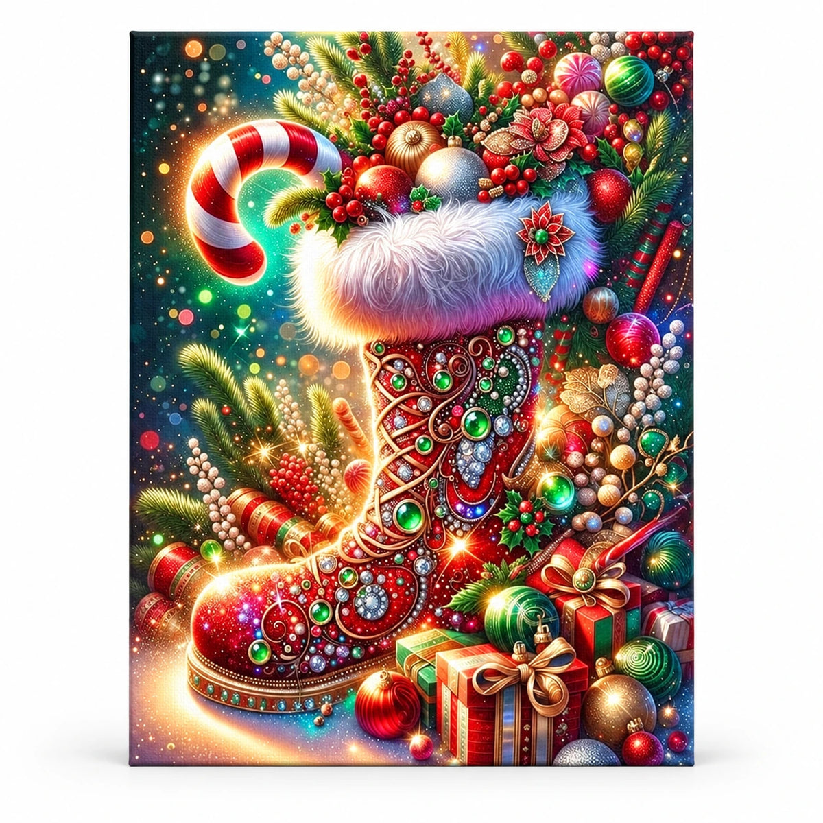 Jeweled Christmas Stocking paint by numbers artwork on a front-facing canvas against a white background