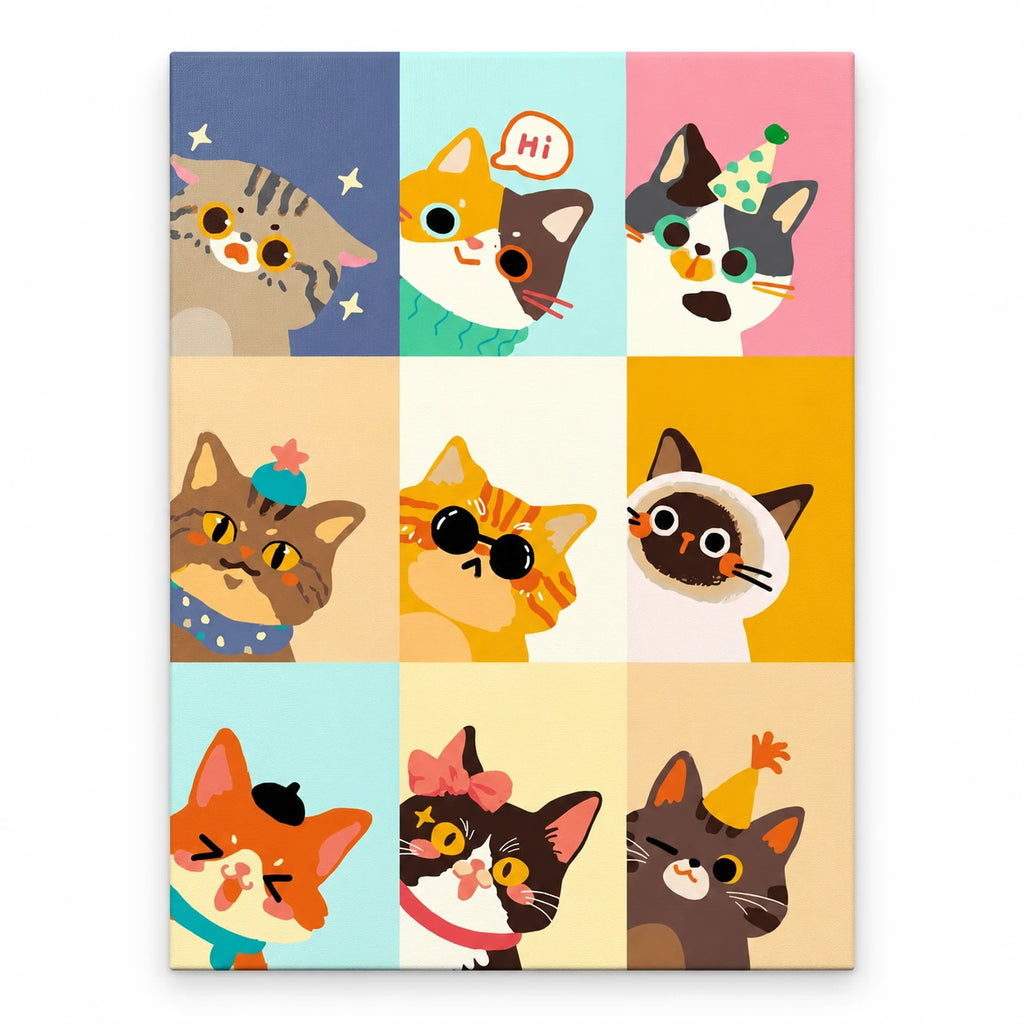 Kawaii Cat Face Collage paint by numbers artwork on a front-facing canvas against a white background