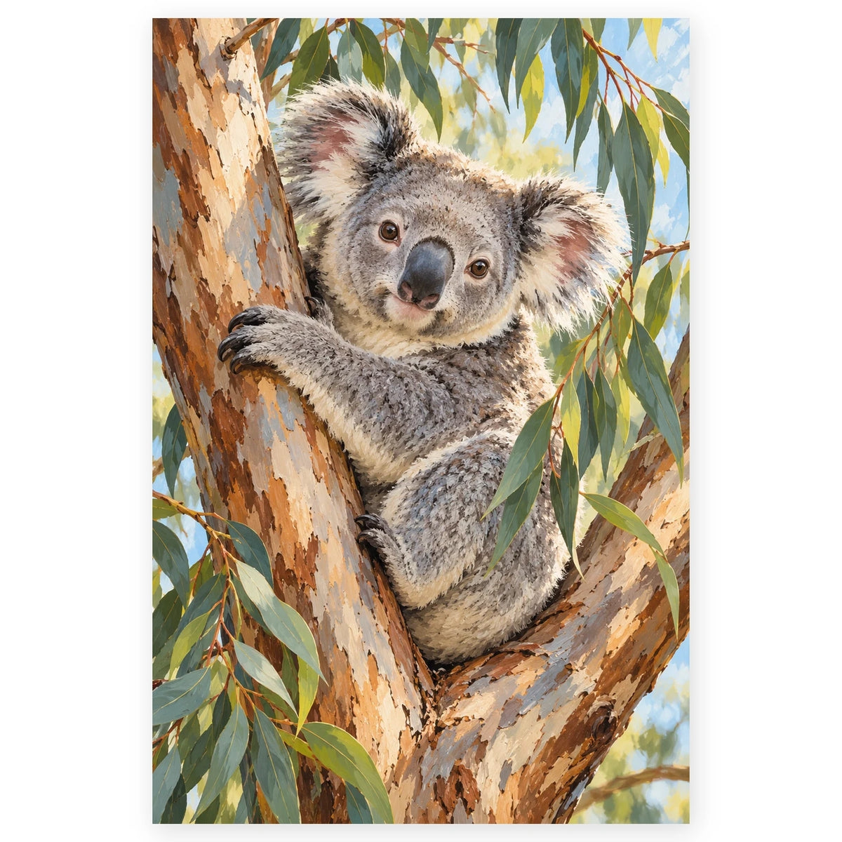 Koala in a Eucalyptus Tree paint by numbers artwork on a front-facing canvas against a white background