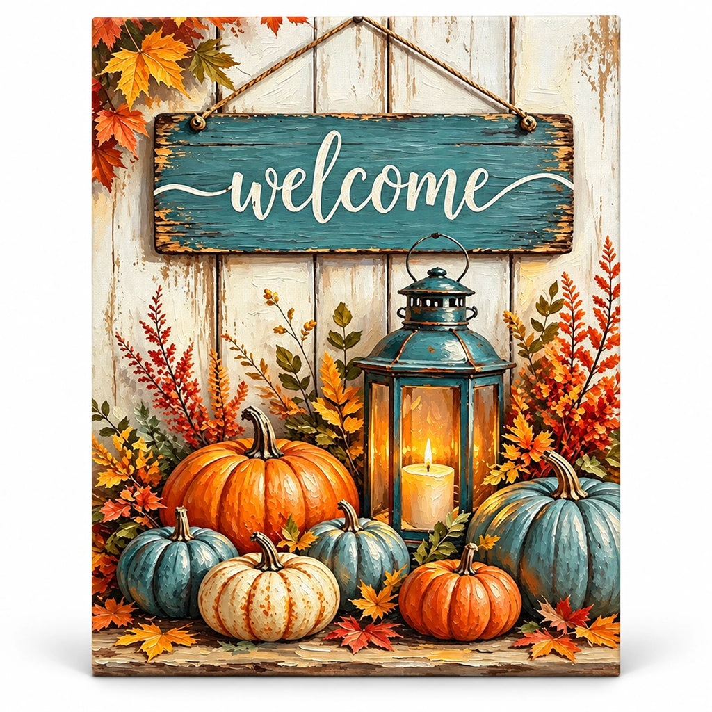 Lantern Light on an Autumn Table paint by numbers artwork on a front-facing canvas against a white background