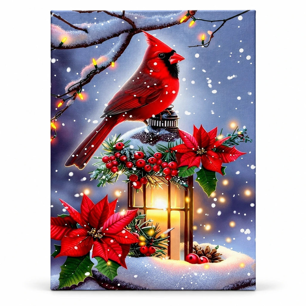 Lantern Snowfall Cardinal paint by numbers artwork on a front-facing canvas against a white background