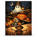 Lantern Spirits and Pumpkin Watcher paint by numbers artwork on a front-facing canvas against a white background