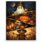 Lantern Spirits and Pumpkin Watcher paint by numbers artwork on a front-facing canvas against a white background
