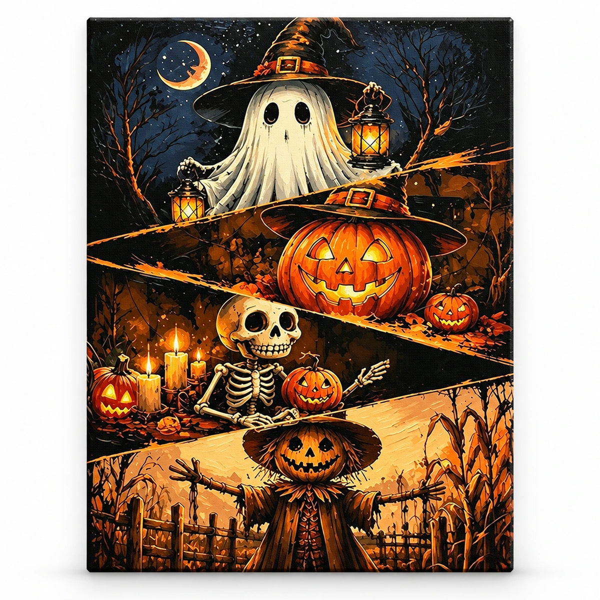 Lantern Spirits and Pumpkin Watcher paint by numbers artwork on a front-facing canvas against a white background
