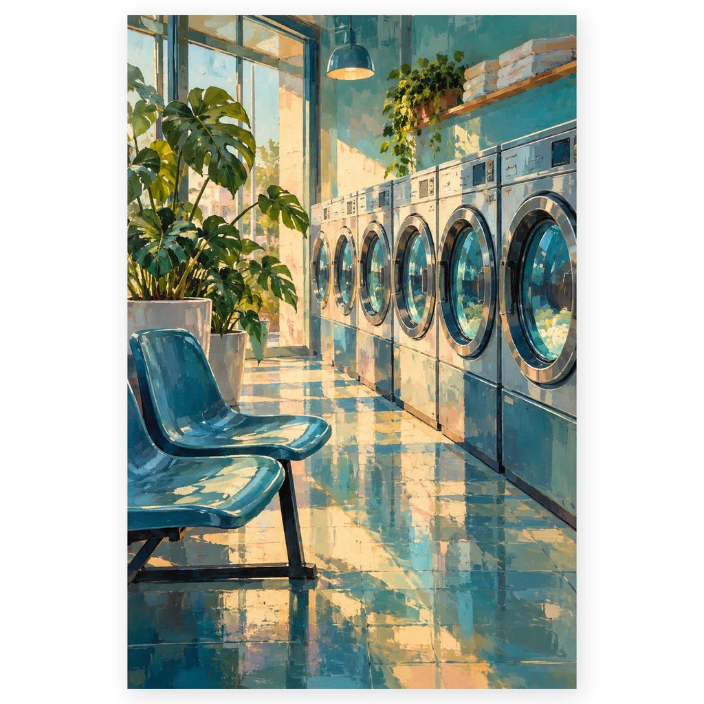 `01-laundromat-night-blue-chairs-hero.webp` — Full Laundromat Night Blue Chairs paint by numbers artwork on a clean white square, complete design shown at its original proportions with a subtle soft shadow.