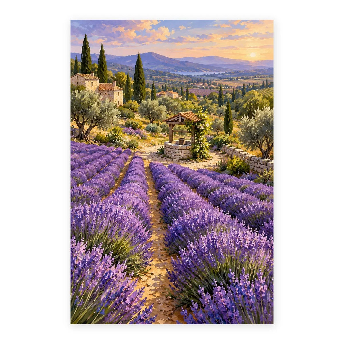 lavender rows stone well paint by numbers artwork on a front-facing canvas against a white background
