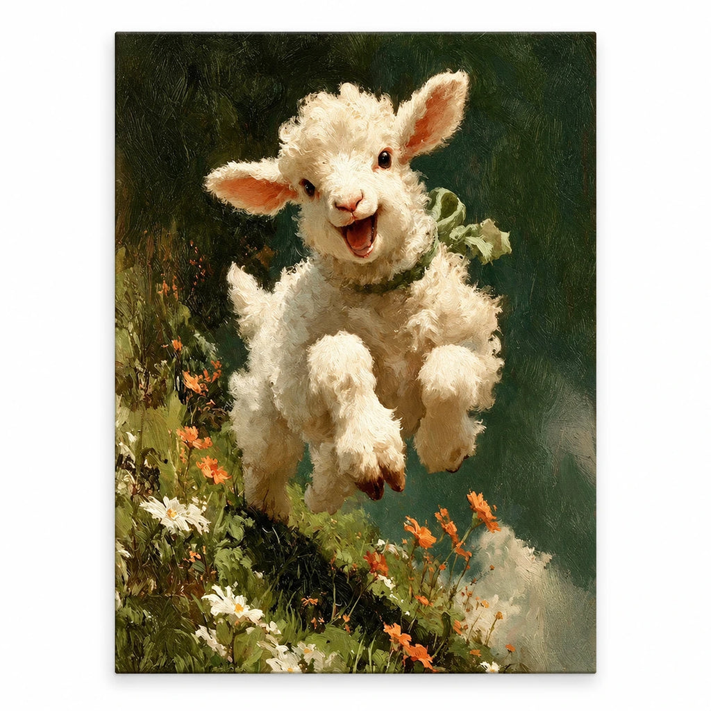 Leaping Lamb in Flower Meadow paint by numbers artwork on a front-facing canvas against a white background
