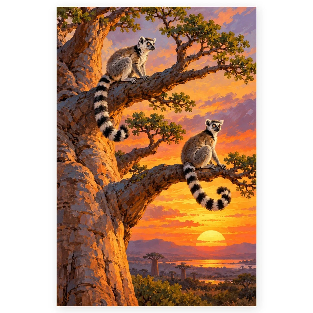Lemurs Baobab Sunset paint by numbers artwork on a front-facing canvas against a white background