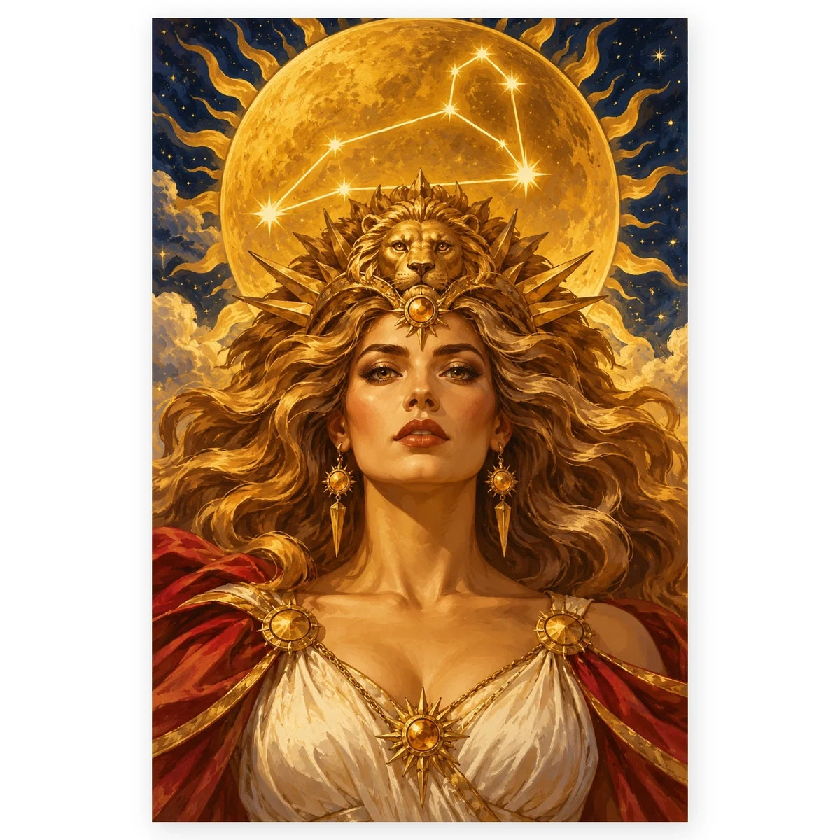 Full Leo Lioness Solar Zodiac Portrait paint by numbers artwork on a clean white square, complete design shown at its original proportions with a subtle soft shadow.