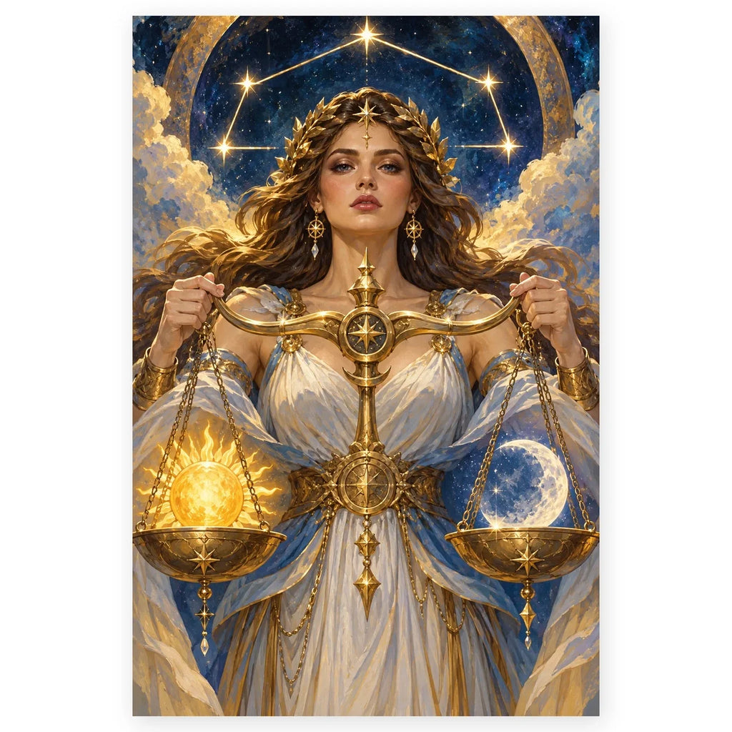 Full Libra Sun Moon Balance Scales paint by numbers artwork on a clean white square, complete design shown at its original proportions with a subtle soft shadow.