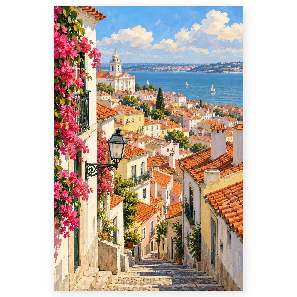 Full lisbon rooftop river view paint by numbers artwork on a clean white background.