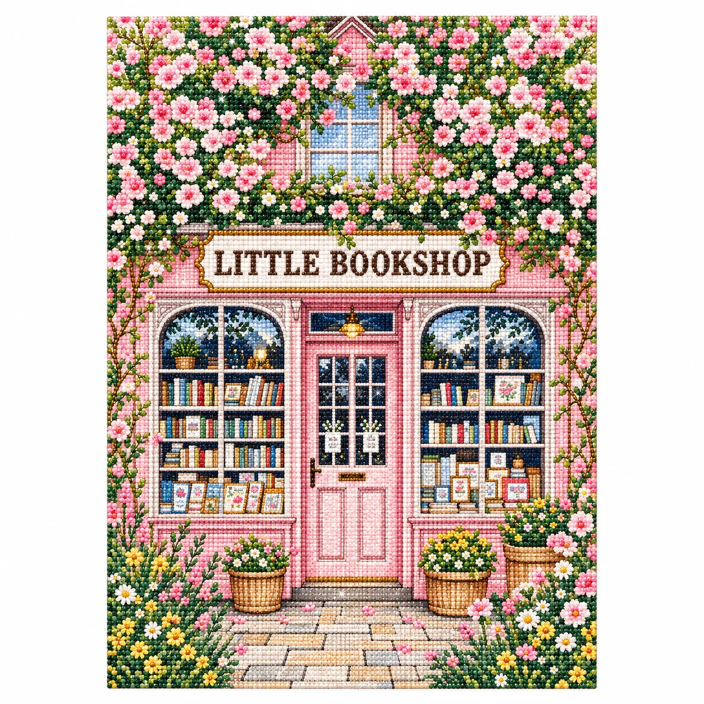 Completed flower-covered little bookshop artwork on white, diamond painting kit