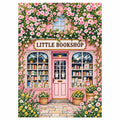 Completed flower-covered little bookshop artwork on white, diamond painting kit