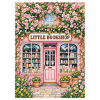 Completed flower-covered little bookshop artwork on white, diamond painting kit