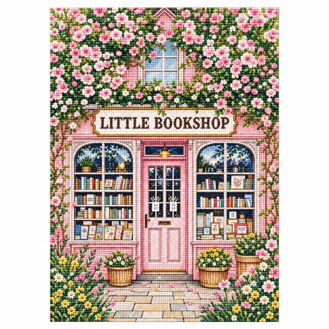 Completed flower-covered little bookshop artwork on white, diamond painting kit