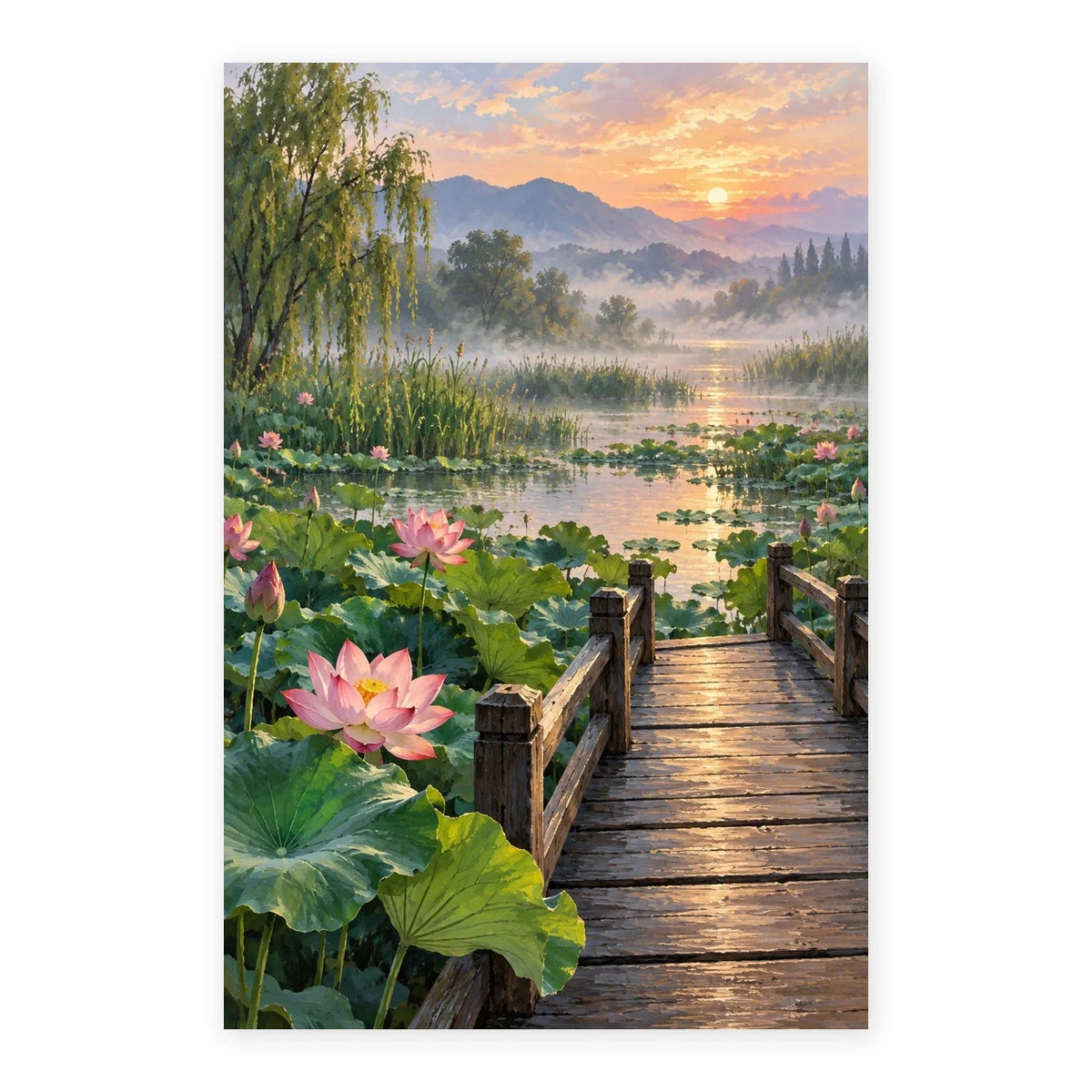 lotus pond morning mist paint by numbers artwork on a front-facing canvas against a white background