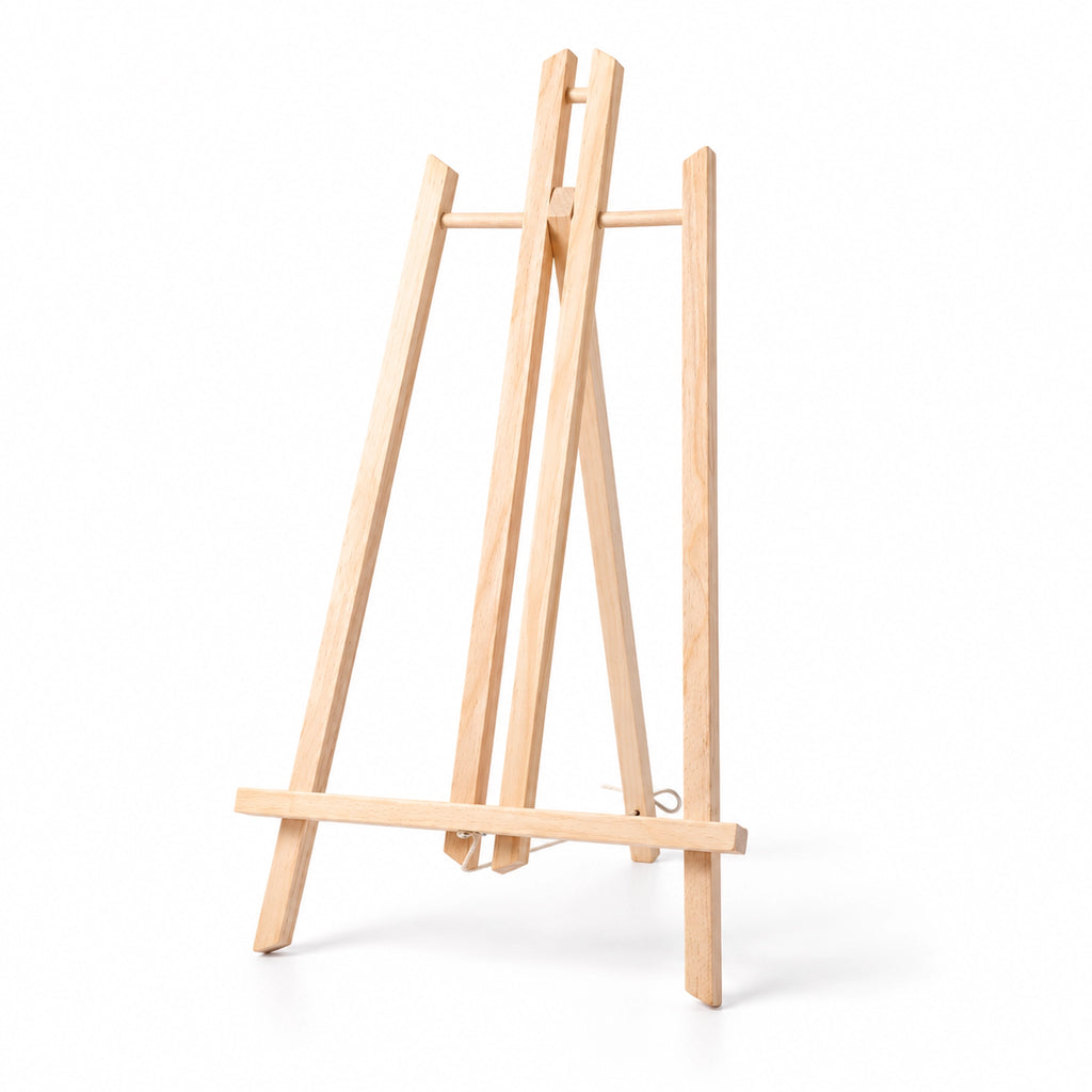 Wooden tabletop easel on a clean white background