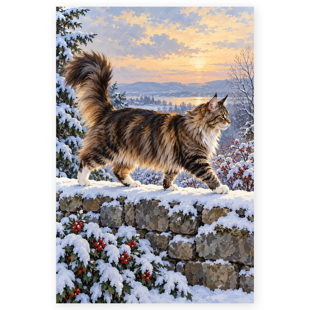 Maine Coon by a Snowy Stone Wall paint by numbers artwork on a front-facing canvas against a white background