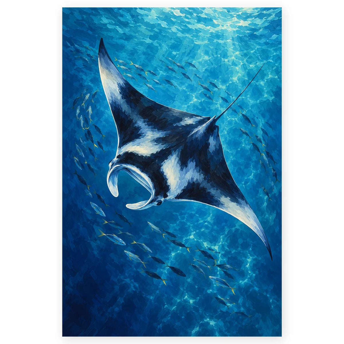 Manta Ray in Blue Water paint by numbers artwork on a front-facing canvas against a white background