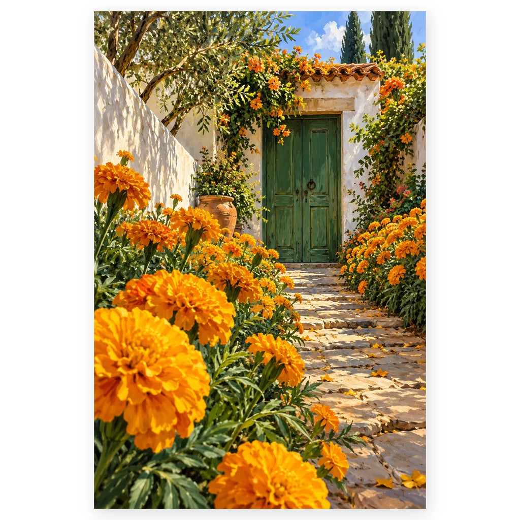 Complete Marigold Courtyard Gate paint by numbers artwork on a clean white background, shown at its original portrait proportions.