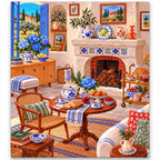 Mediterranean Blue Tile Fireplace Tea Room paint by numbers artwork on a front-facing canvas against a white background