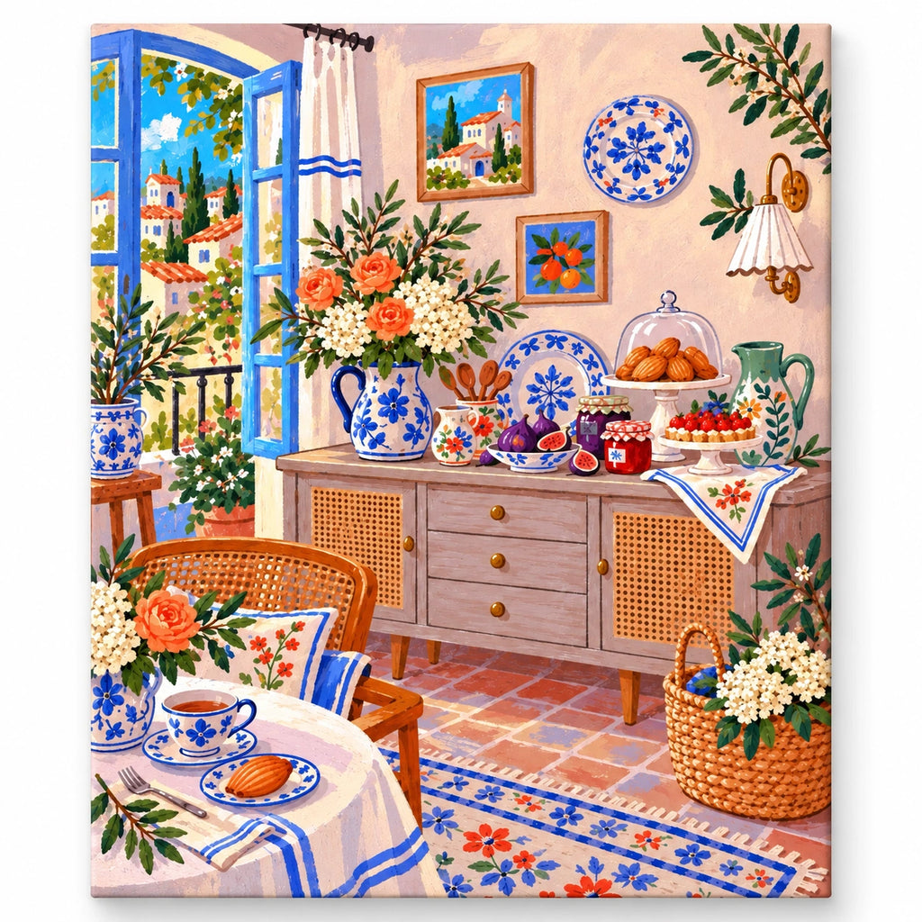 Mediterranean Blue Window Breakfast Room artwork on a front-facing frameless canvas against a white background.