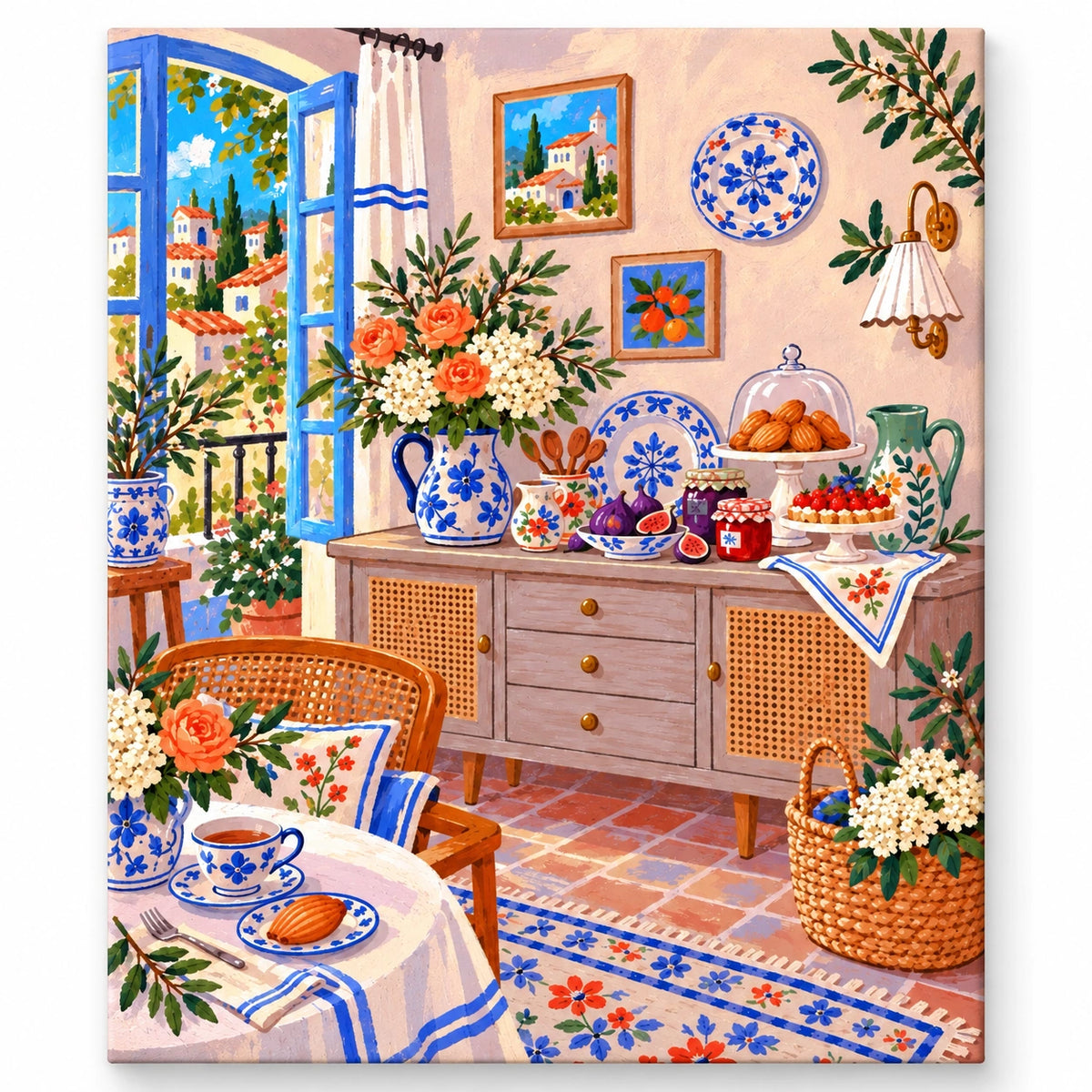 Mediterranean Blue Window Breakfast Room artwork on a front-facing frameless canvas against a white background.