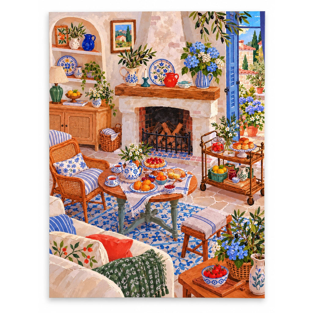 Mediterranean Hydrangea Fireplace and Tea Cart paint by numbers artwork on a front-facing canvas against a white background