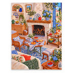 Mediterranean Hydrangea Fireplace and Tea Cart paint by numbers artwork on a front-facing canvas against a white background