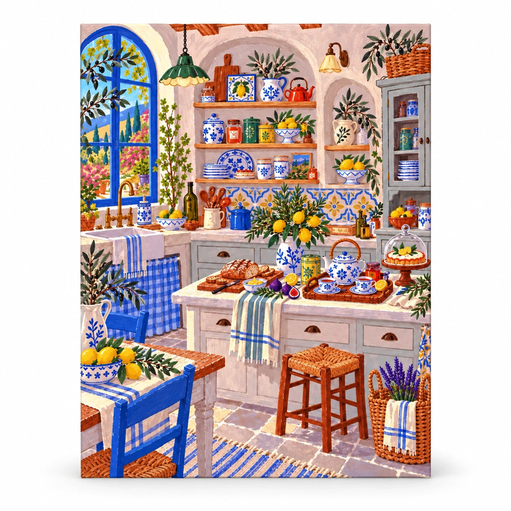 Mediterranean Lemon and Blue Porcelain Kitchen paint by numbers artwork on a front-facing canvas against a white background