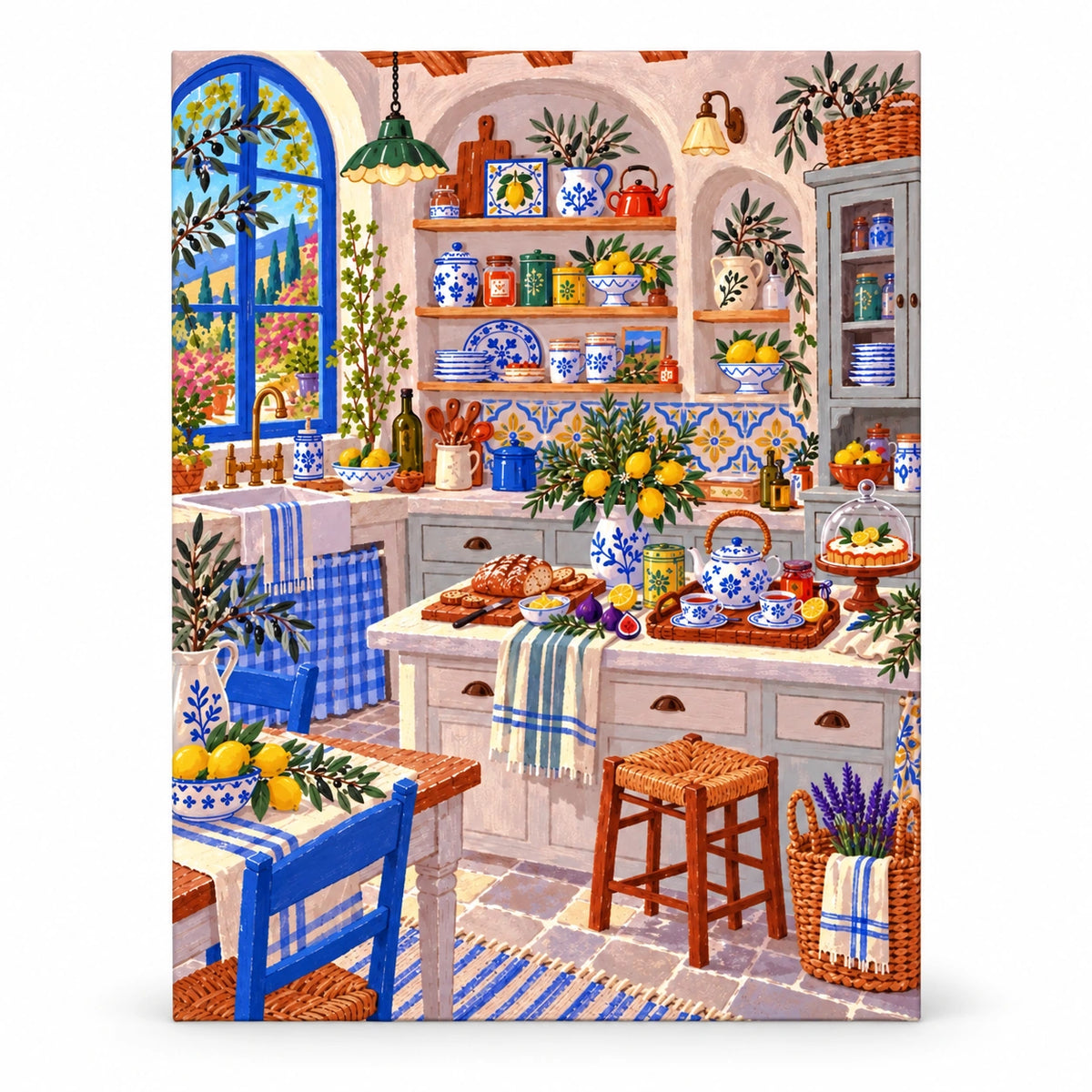 Mediterranean Lemon and Blue Porcelain Kitchen paint by numbers artwork on a front-facing canvas against a white background