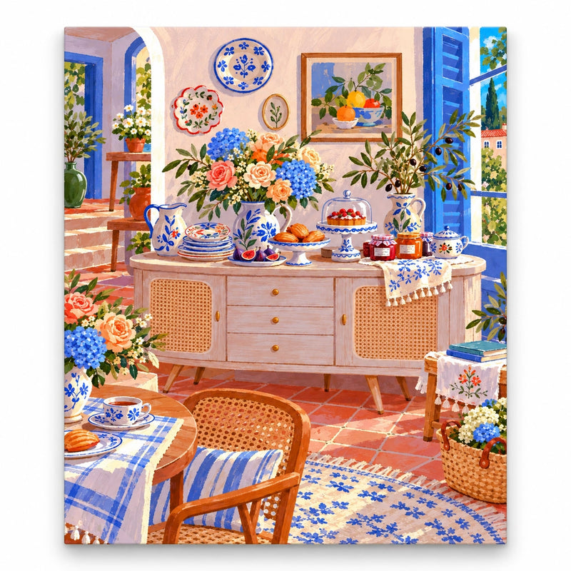 Mediterranean Rose and Hydrangea Sideboard paint by numbers artwork on a front-facing canvas against a white background