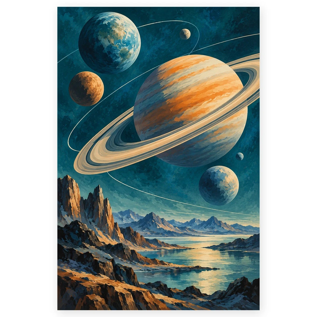 Full Midcentury Orbiting Planets paint by numbers artwork on a clean white square, complete design shown at its original proportions with a subtle soft shadow.