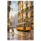 Full milan tram corner evening paint by numbers artwork on a clean white background.