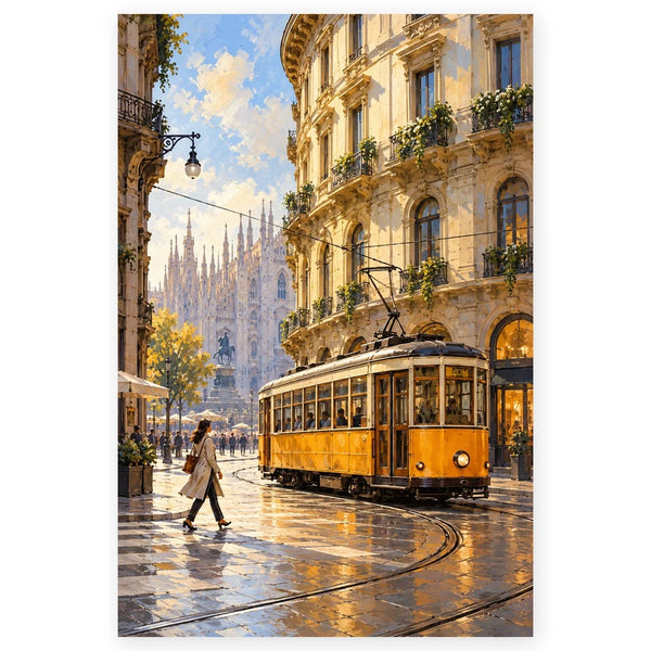 Full milan tram corner evening paint by numbers artwork on a clean white background.