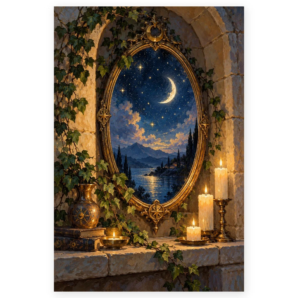 An ornate gold-framed mirror reveals a crescent moon over a blue lake and distant mountains, surrounded by candles and ivy. Full original portrait artwork on a clean white background with a subtle soft shadow and original proportions preserved.