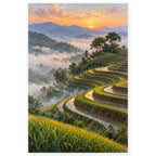 Mist Over Rice Terraces paint by numbers artwork on a front-facing canvas against a white background