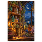 Colorful glass potion bottles and dried herbs line a wooden apothecary shelf beside a crescent moon window and brass mortar. Full original portrait artwork on a clean white background with a subtle soft shadow and original proportions preserved.