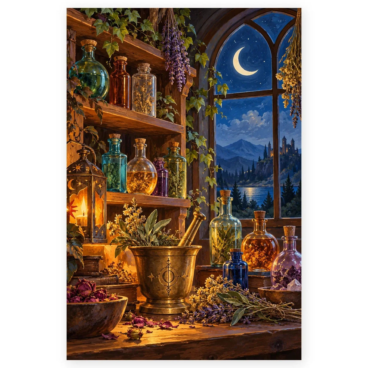 Colorful glass potion bottles and dried herbs line a wooden apothecary shelf beside a crescent moon window and brass mortar. Full original portrait artwork on a clean white background with a subtle soft shadow and original proportions preserved.