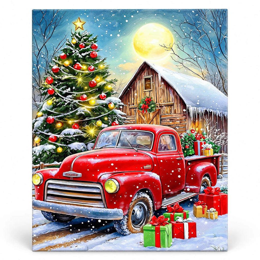 Moonlit Christmas Arrival Red Truck paint by numbers artwork on a front-facing canvas against a white background