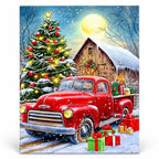 Moonlit Christmas Arrival Red Truck paint by numbers artwork on a front-facing canvas against a white background